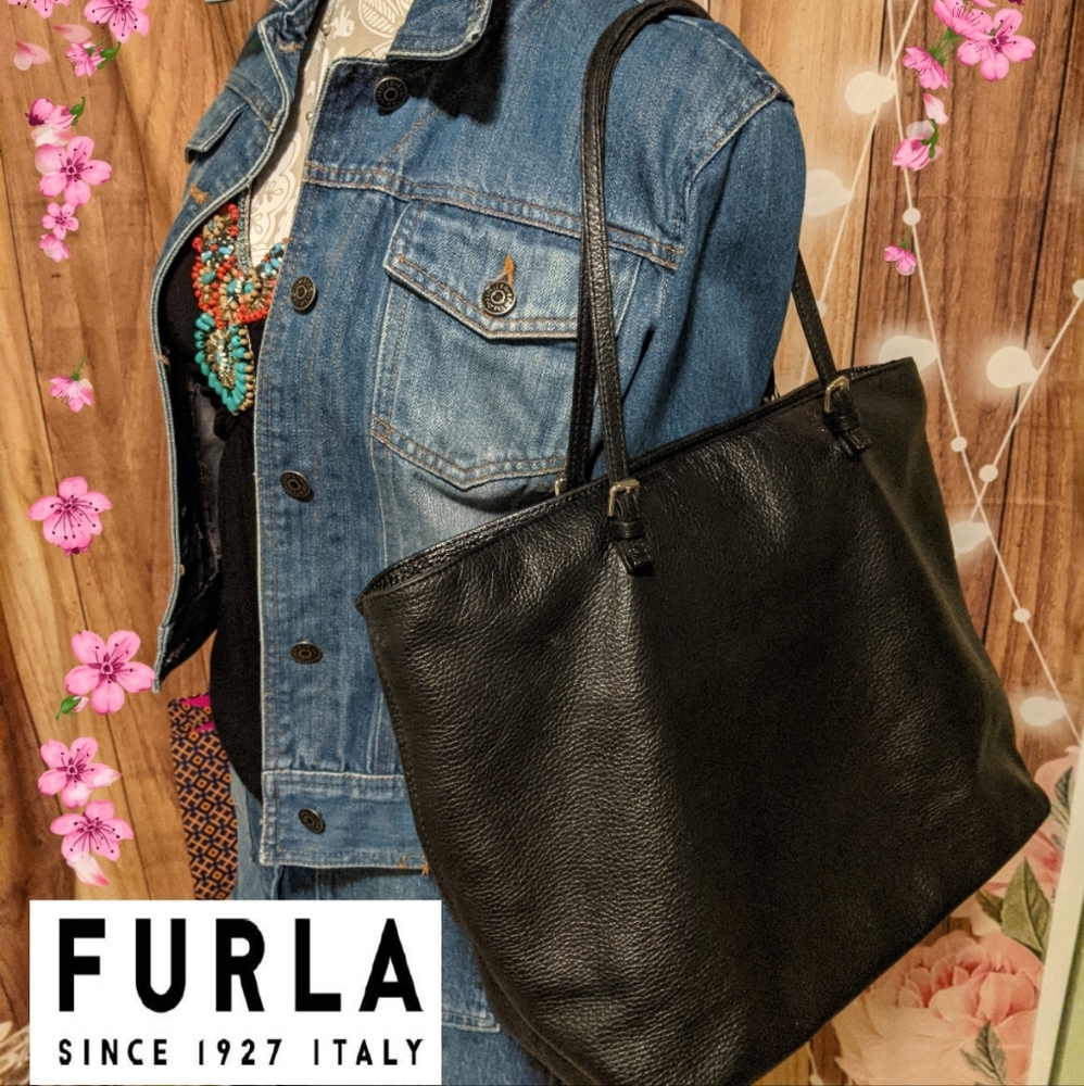 Furla Italian Pebbled Leather Black Tote Authentic